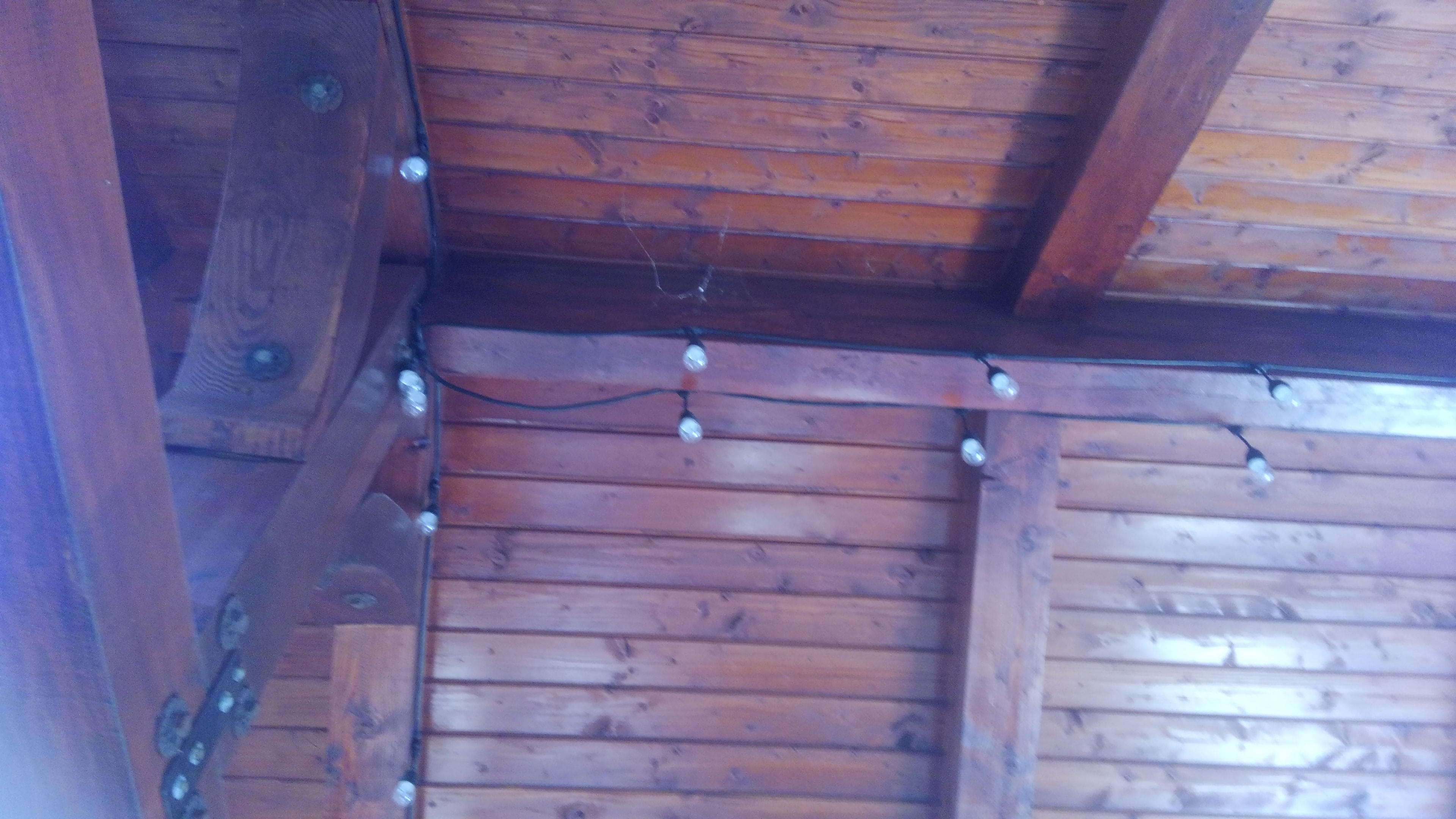 Timber frame pavilion with string lights